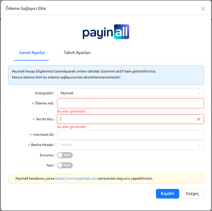 payinall ödeme tanımlama