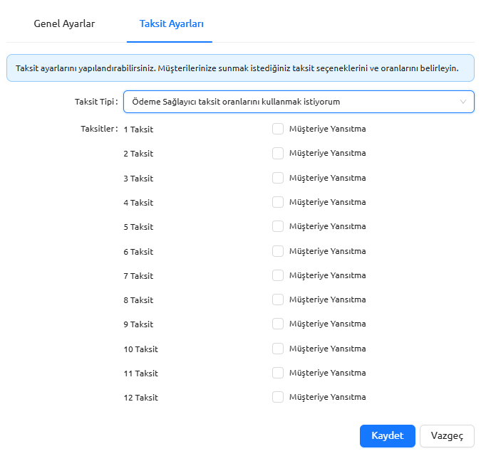 Sağlayıcı Taksit ayarları