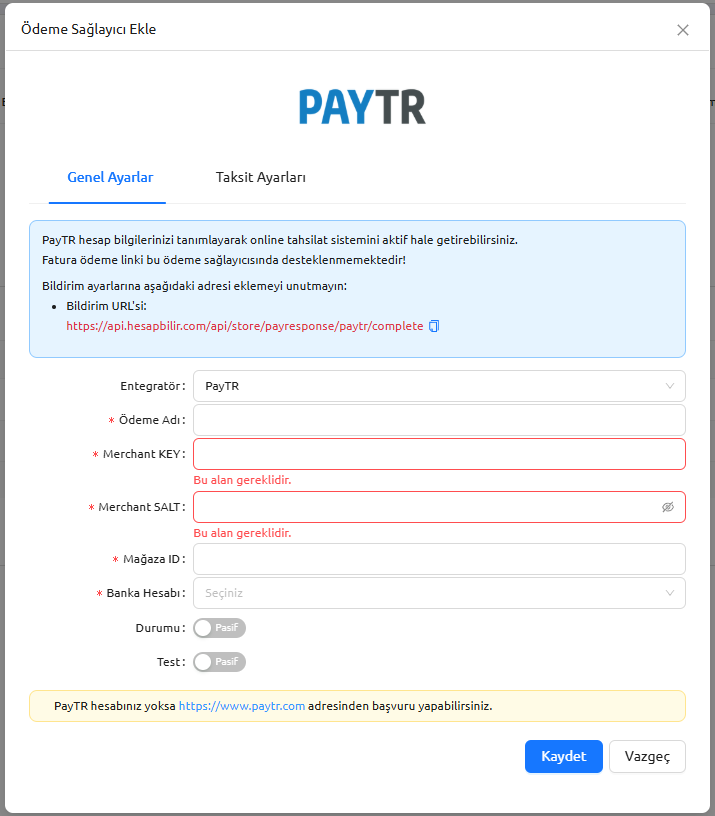 paytr ödeme tanımlama