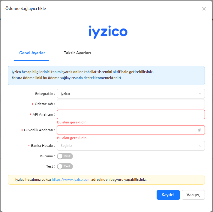 iyzico ödeme tanımlama
