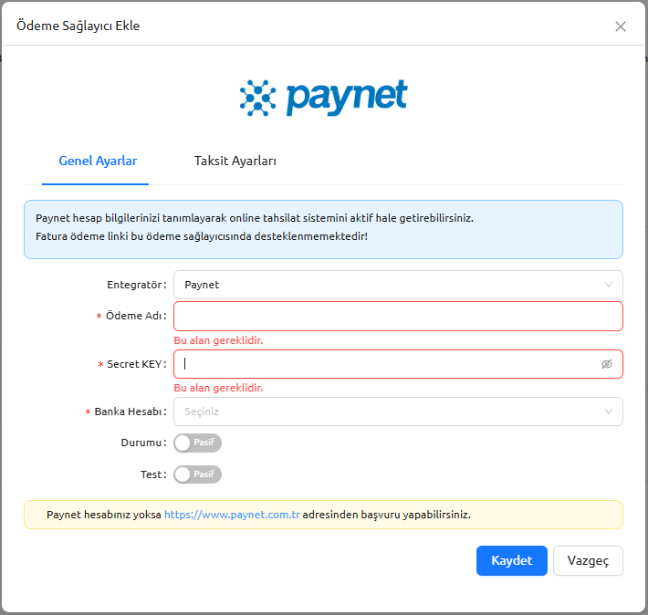 paynet ödeme tanımlama